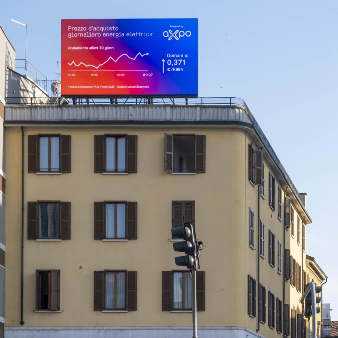 Melismelis firma per Axpo Italia il primo ledwall che trasmette in real time le quotazioni giornaliere di gas e luce